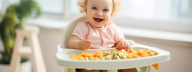 Foto uma criança pequena come numa cadeira alta a criança come alimentos complementares