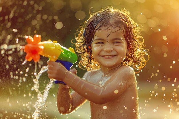 Uma criança pequena desfrutando do calor do verão enquanto brinca com uma pistola de água