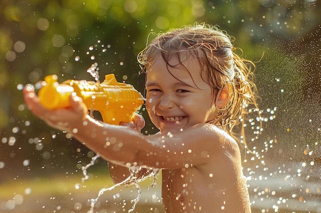 Uma criança pequena desfrutando do calor do verão enquanto brinca com uma pistola de água