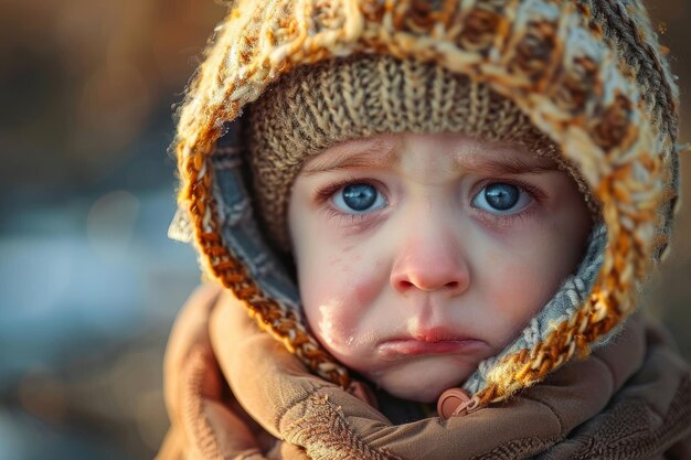 Uma criança pequena está chorando enquanto usa um chapéu marrom e um lenço