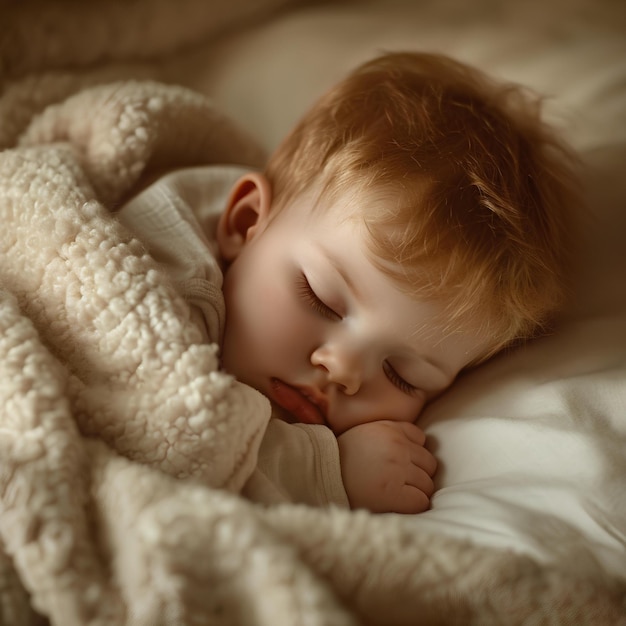 Uma criança pequena está dormindo em um cobertor com os olhos fechados e a cabeça escondida sob um coberter em um