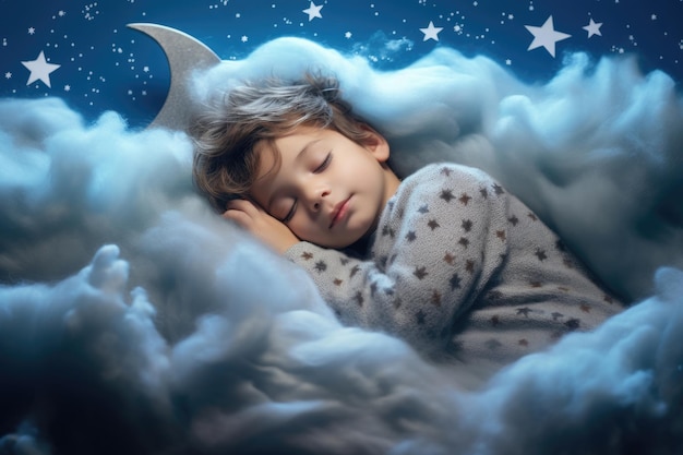 Uma criança pequena está dormindo em uma nuvem macia cercada por um céu estrelado e paz