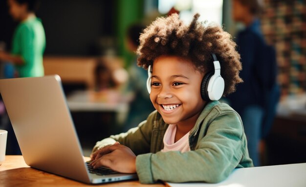 uma criança pequena está sorrindo em um computador escrevendo