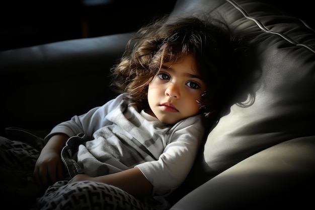 uma criança pequena sentada em um sofá no escuro