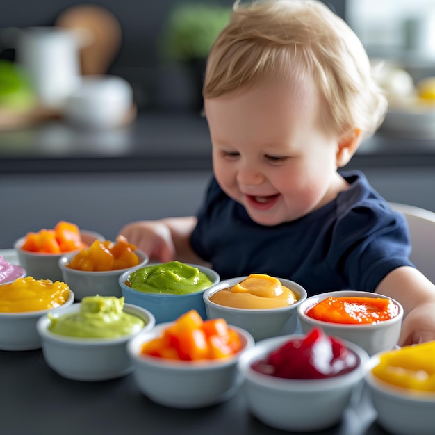 Uma criança pequena sentada na frente de uma mesa com tigelas de frutas