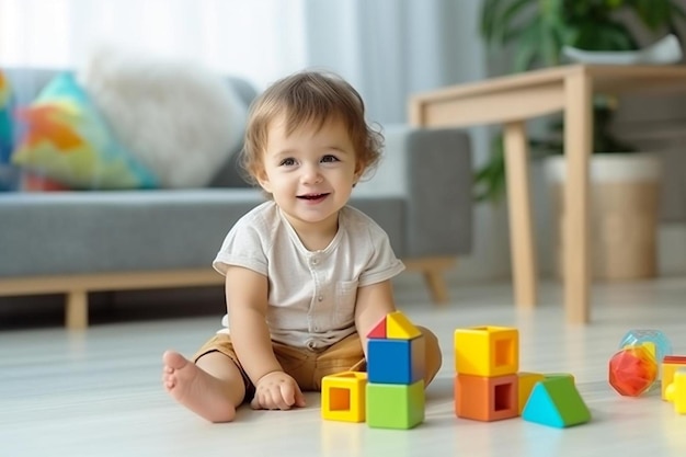 Uma criança pequena sentada no chão brincando com blocos