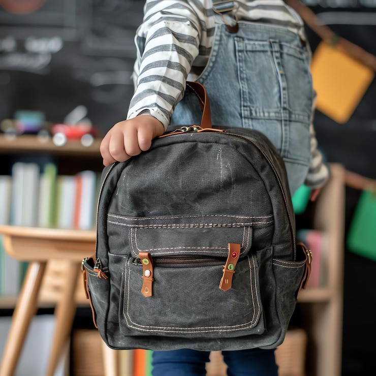 Foto uma criança pequena usando ou segurando uma mochila escolar com um zíper caminhando pela rua de volta para a escola