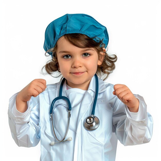Foto uma criança pequena vestindo um chapéu azul e um estetoscópio