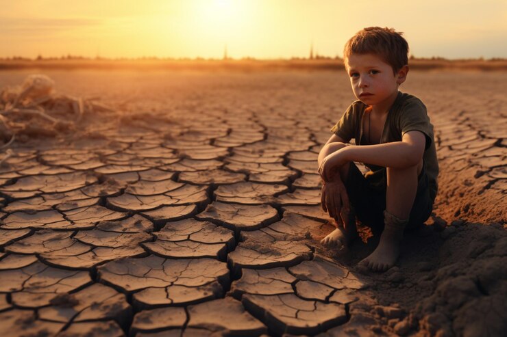 Foto uma criança permanece numa paisagem de seca extrema