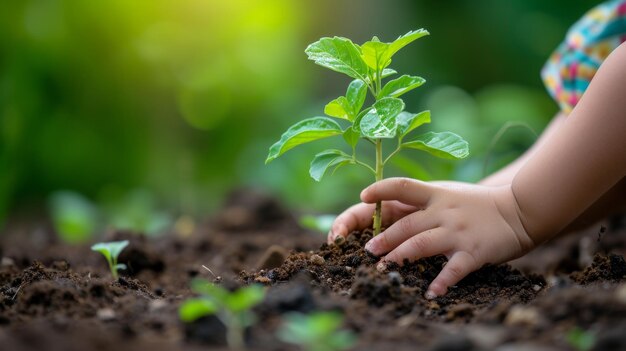 Uma criança plantando uma mudinha em um jardim aprendendo paciência e cuidado enquanto nutrem a vida