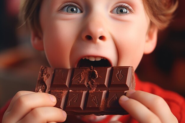 Uma criança radiante desfruta de uma delícia de chocolate Chocolate de Páscoa Dia das Crianças