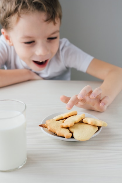 Uma criança rouba um prato de biscoitos caseiros recém-assados