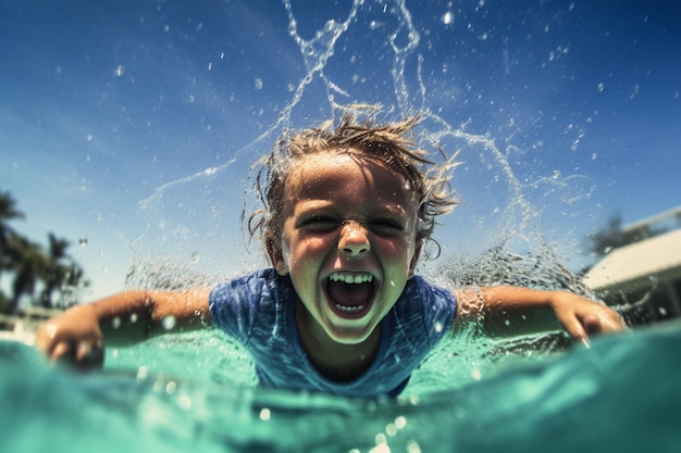 Uma criança se divertindo nadando em uma piscina