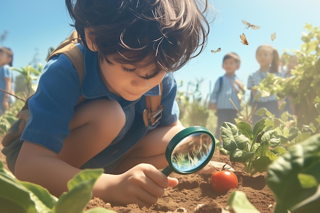 Uma criança segura uma lupa para ver insetos em um jardim escolar