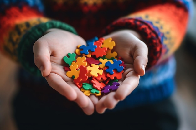 Uma criança segura uma peça de quebra-cabeça colorida em suas mãos.