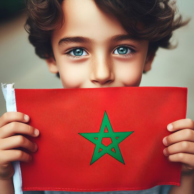Uma criança segurando a bandeira de Marrocos
