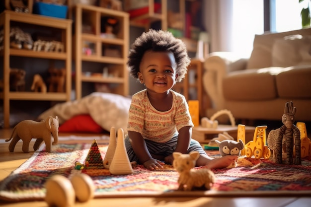 Uma criança senta no chão e brincando