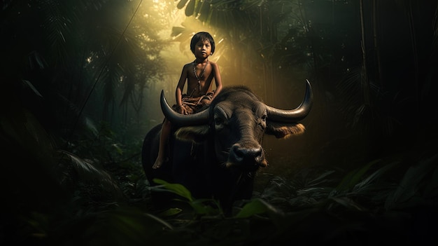 Foto uma criança senta-se num touro na selva
