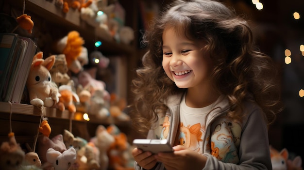 Uma criança sentada em seu quarto se divertindo jogando um jogo em seu smartphone AI Generated