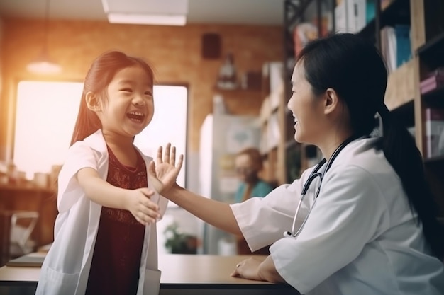 Uma criança sorridente feliz vestindo um uniforme generativo de médico ai