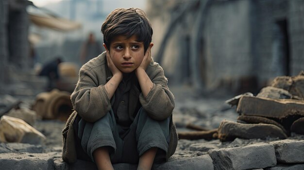 Uma criança sozinha a caminhar numa cidade destruída.