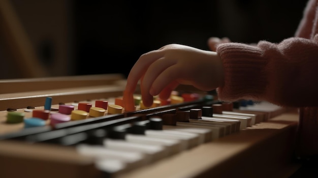 Uma criança toca piano com um botão colorido no teclado.
