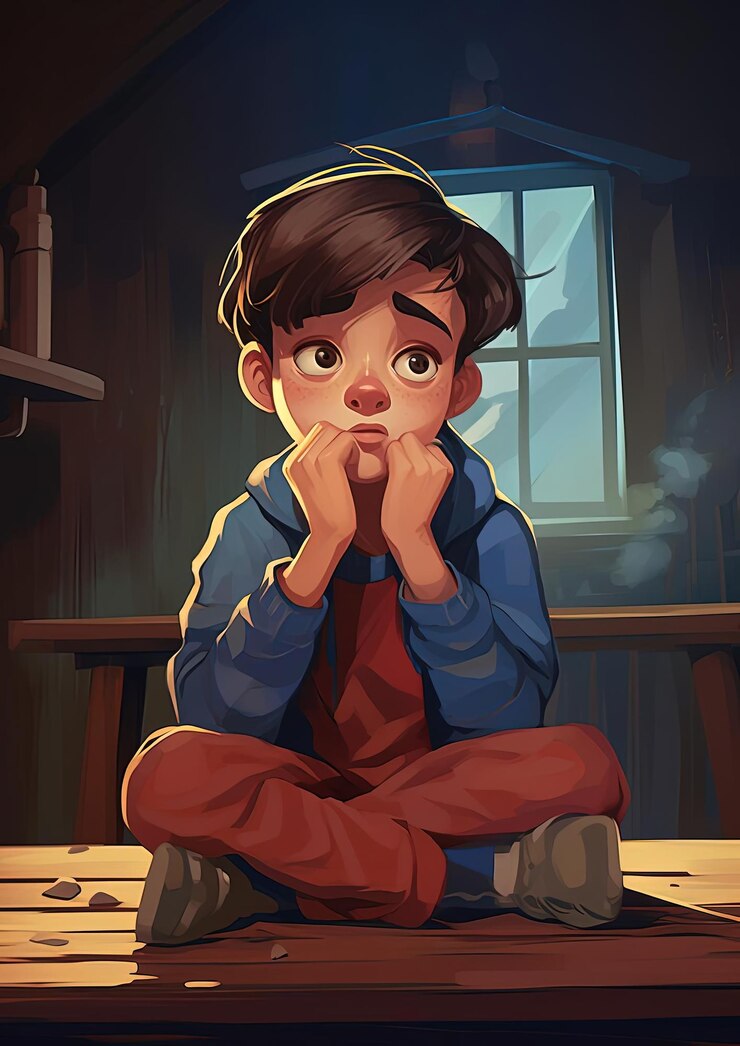 Foto uma criança triste sentada com a mão no queixo no estilo de ilustrações animadas