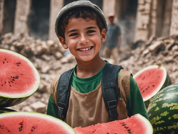 Foto uma criança trouxe uma melancia como uma forma de apoio à palestina