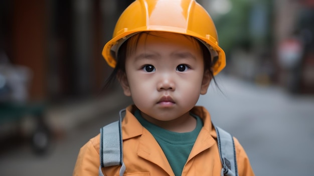 Uma criança usando um capacete de construção