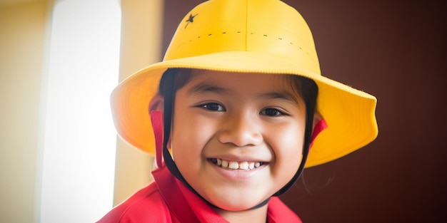 Uma criança usando um chapéu amarelo sorri para a câmera.