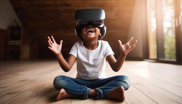 Foto uma criança usando um fone de ouvido de realidade virtual senta-se no chão