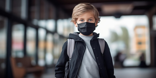 Uma criança usando uma máscara retorna à escola após a quarentena