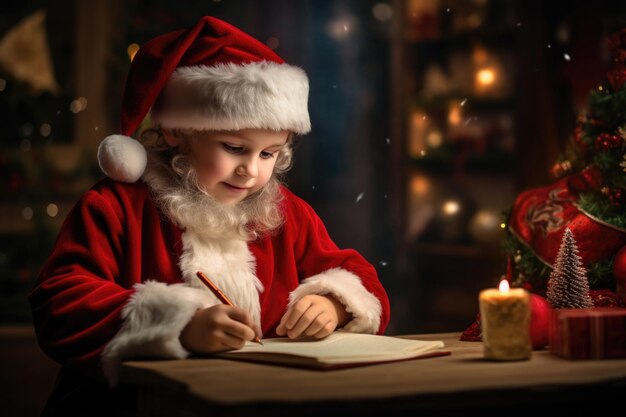 Uma criança veste o traje do Papai Noel e escreve uma carta sincera de desejos de presente ao Papai Noel, mergulhando nas maravilhas festivas do Natal e do Ano Novo