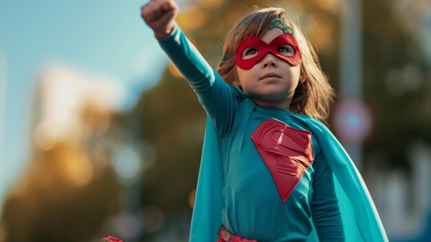 Foto uma criança vestida com um traje de super-herói exalando bravura e imaginação ilustração gerada por ia