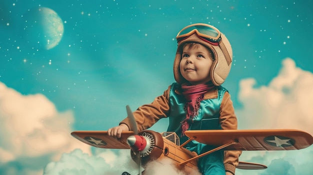 Uma criança vestida de piloto imaginando uma aventura