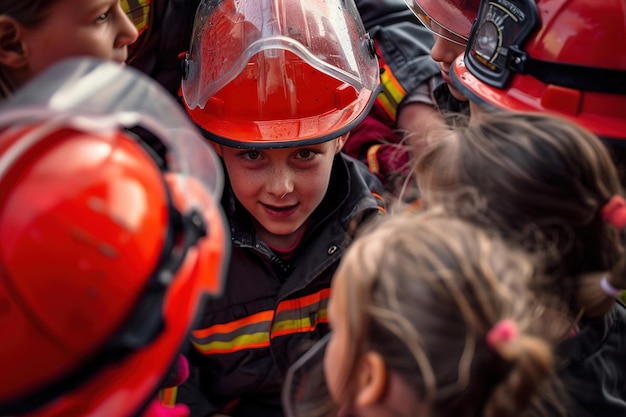 Uma criança vestindo um capacete de incêndio vermelho cercada por outros durante uma demonstração de segurança