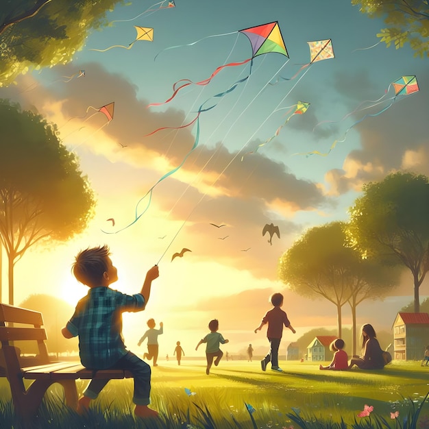 Uma criança voando uma cometa em um parque com outras crianças