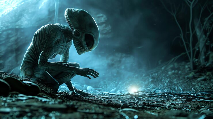 Foto uma criatura alienígena ajoelha-se num ambiente misterioso e escuro, aparentemente observando algo.