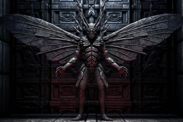 Uma criatura alienígena de fantasia com asas em um quarto escuro