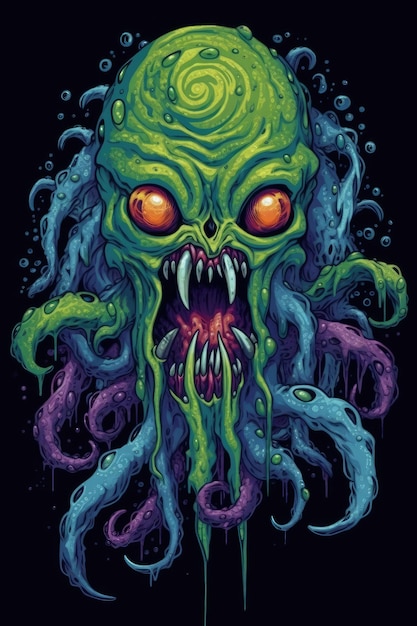 Uma criatura alienígena verde com tentáculos e dentes afiados