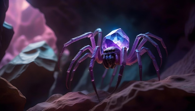 Uma criatura aranha de cristal roxo em uma rocha na caverna escura