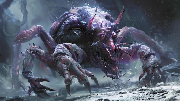 Foto uma criatura gigante mutante parecida com um caranguejo, com olhos brilhantes e pinças afiadas, emerge das profundidades geladas do oceano