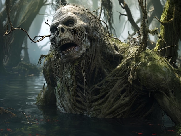 uma criatura morta num pântano com um galho de árvore na água