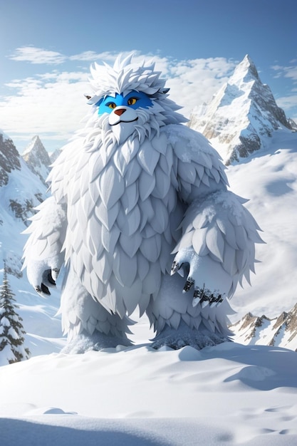 Uma criatura peluda do personagem yeti está no topo de uma montanha coberta de neve