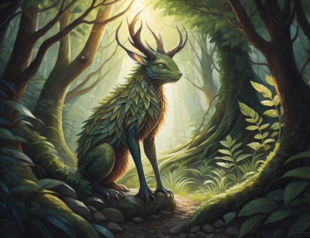 Uma criatura verde em uma floresta com as palavras 'floresta' à esquerda