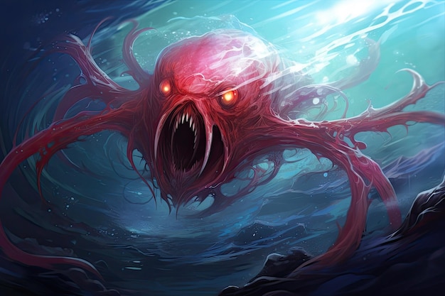 uma criatura vermelha com uma boca grande e tentáculos