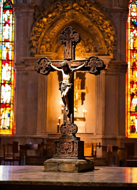 Foto uma cruz com a palavra jesus em frente a uma janela de vidro colorido