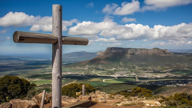 Foto uma cruz de madeira com vista para a cidade de prince albert, na áfrica do sul