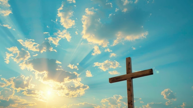 Uma cruz de madeira contra um céu azul com nuvens e luz do sol