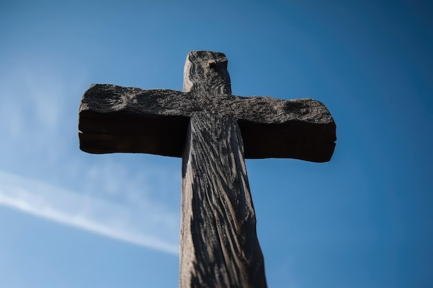 uma cruz de madeira contra um céu azul